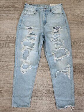 NWT American Eagle Mom Jeans Light Wash High Rise Distressed Women's 4